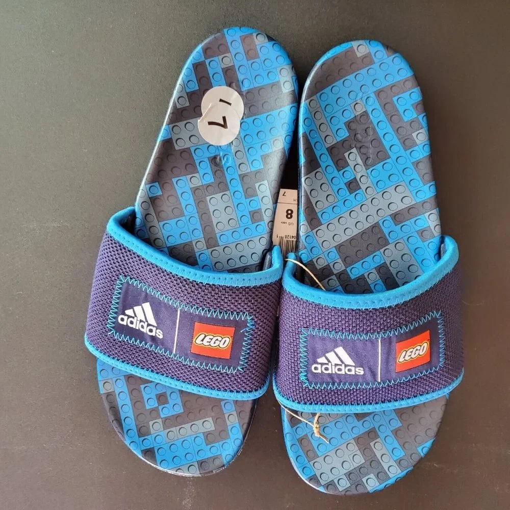 NEW Adidas Men's Adilette Comfort LEGO Slide Dark Blue‎ / White SIZE 7 / Women 8